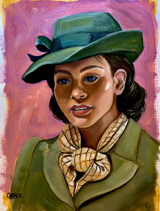 A stylized painted portrait of a woman wearing a green wide-brim hat with a dark ribbon, an olive green jacket, and a beige patterned neck scarf against a pink-purple background. The artist signature 'GRACE' appears in the lower left corner.