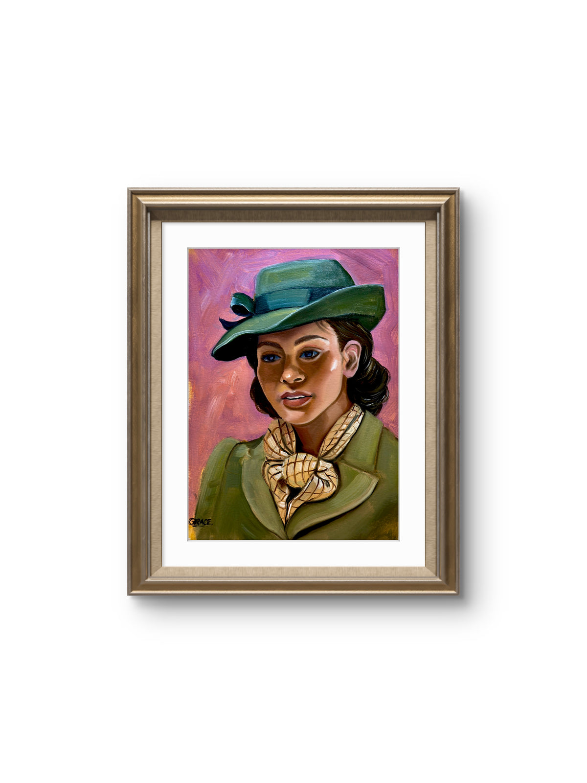 A framed portrait painting of a woman wearing a green hat and coat against a pink background, shown in a gold-toned frame with a white mat on a light gray background.