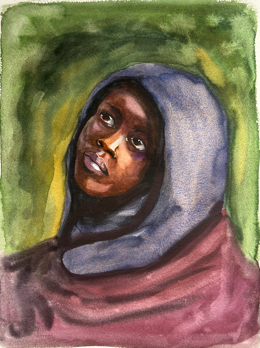 Watercolor portrait painting of a woman wearing a blue-gray headscarf and a dusty pink garment, set against a textured green and yellow background.