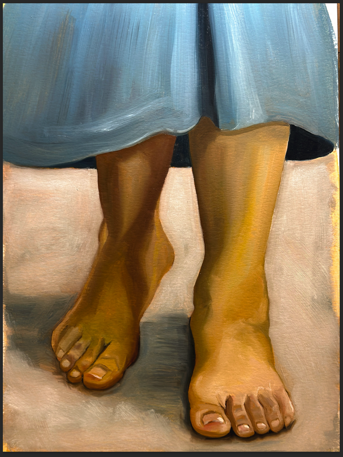 Oil painting of a woman's feet, walking on the ground